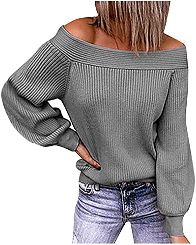 Од џемперите на рамото за женски ребрести цврсти бои пулвер плетен долг ракав, обични трендовски врвови на врвови на врвови