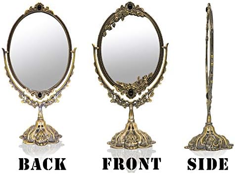 Хохио Гроздобер Шминка Биро Огледало Со Дрво Чешел, Двострани Вртливата Маса Антички Овални Огледало Со Метална Врежана Рамка И Стојат За