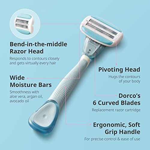 Razors за жени Dorco EVE6 за жени за дополнително мазно бричење, 6 заоблени лопати со флексибилна лента за влага, женски жилети за бричење