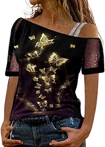 Uikmnh женски маица кошула Секвен пеперутка надвор од рамото решетка мека обична кратка ракав манжетната летна кошула
