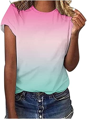 Lumseенски летни врвови, градиентни кошули за жени со кратки ракави на екипажот на вратот на вратот за жени трендовски 2023 пролетна блуза