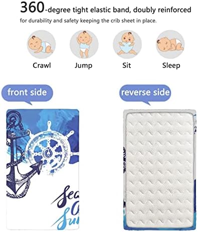 Наутички тематски опремени мини чаршафи, преносни мини чаршафи за креветчиња за деца, душеци за душеци-плетен сад или столб за кревет, 24 „x38“, бело сино