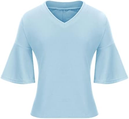 2023 Краток 1/2 bellвоно ракав памучен обичен обичен лабава лабава вклопување опуштена фитла блуза маица за девојки длабоко против вратот