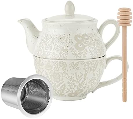 Taimei Teatime керамички чај за еден сет, 15oz чајник со инфузер и чаша поставена за една со мед дипер стап, бел чај поставен подарок за жени, возрасни, лабав лисја чај/чај тор