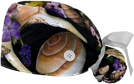 Медицински капаци на Лорвис за жени со копчиња долга коса, 2 парчиња прилагодливо работно капаче, морски конусни школки разнобојни