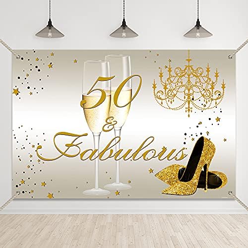 Белима злато и бело педесет и прекрасна позадина среќна 50 -та роденденска забава Декорација 50 роденден со висока потпетица Шампањска