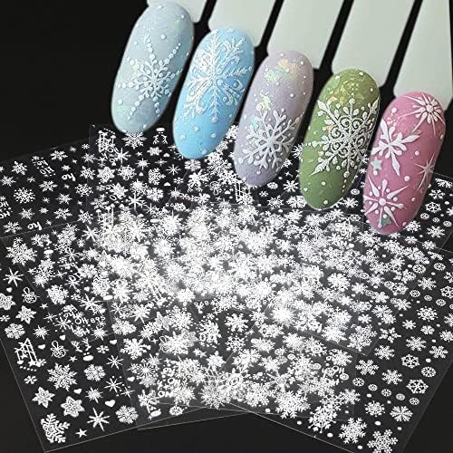 Божиќни налепници за нокти за снегулка, 5Д врежани снегулки Божиќни нокти Декларации 3Д бели снегулки на налепници за уметност