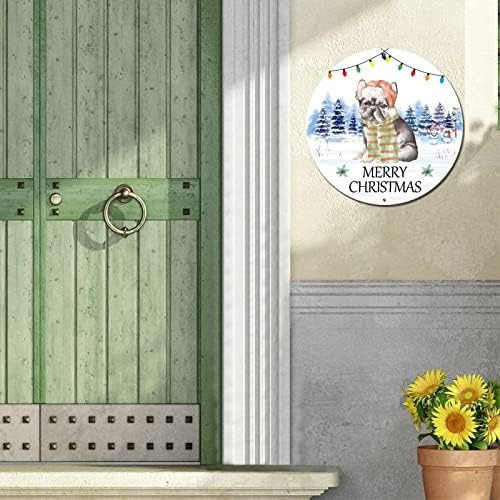 Тркалезен метален знак Среќен божиќно куче гроздобер венец знак 'рѓосана врата дома, декоративни метални уметности, за работилница