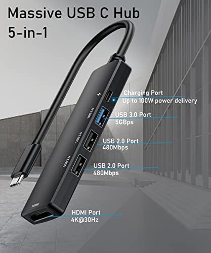 KIOOSDINFELY USB C Центар, 5-во-1 Multiport Адаптер со [4K HDMI], [100w Испорака На Енергија], 1USB 3.0 Порта &засилувач; 2usb 2.0 Порта