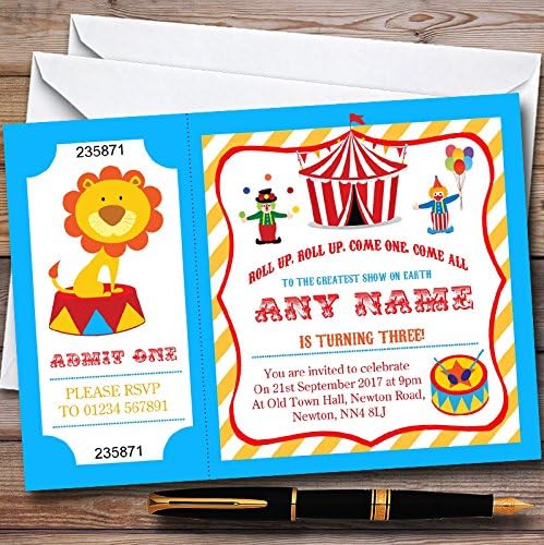 Поканите за роденденска забава со картички за зоолошка градина, сини и портокалови циркуси