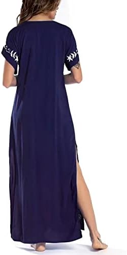 Обични фустани за жени 2023 лабава цврста боја Едноставна печатена шема на плажа поделена фустан Блуза со кратки ракави на плажа фустани