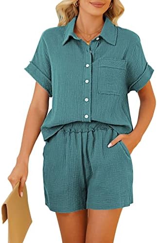Hapcope Women's Lummer 2 Piect Tracksuit со кратки ракави за кратки ракави надолу од кошула и шорцеви поставени зелени м