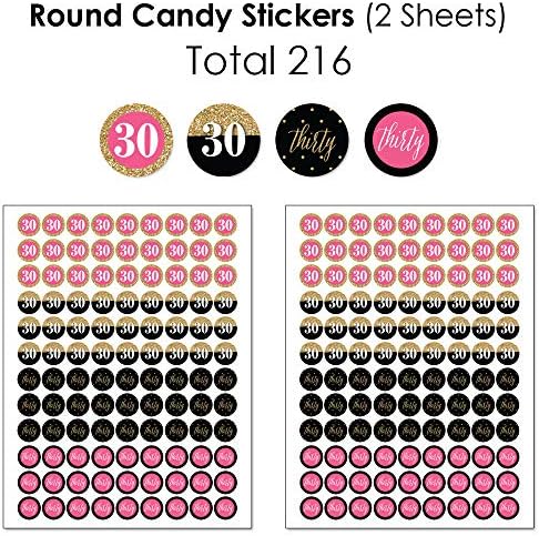 Шик 30 -ти роденден - розова, црна и златна - мини бонбони бар -обвивки, налепници за тркалезни бонбони и налепници за кругови