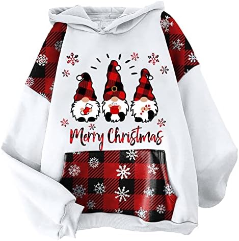 Womenенски обичен Божиќен џемпер со качулка, лабава пулвер, врвна блуза Божиќни карирани печати атлетски џемпери