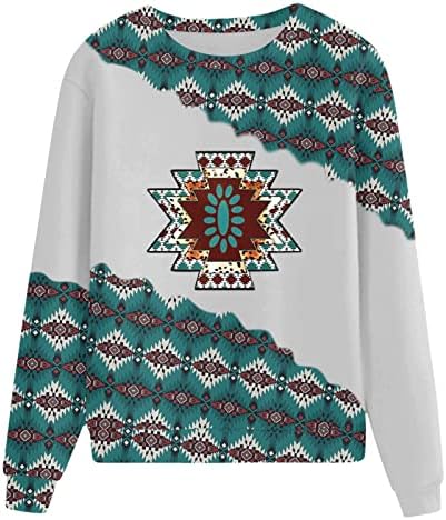 Гроздобер маички за жени Ацтеки Печати кошула со долги ракави кошули племенски геометриски џемпер ретро екипаж на пулвер блуза