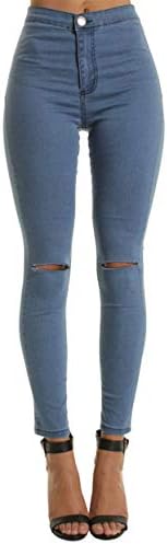 Andongnywell женски колена со колена, слаби фармерки, кревајќи тексас панталони со искинати колена колено дупка за истегнување фармерки