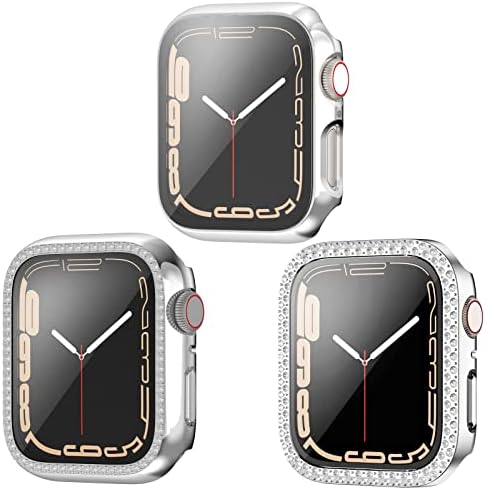 Случаи за прибирање на блинг, компатибилни за Apple Watch Series 7 41mm со дијаманти Rhinestone Bumper Cover Вграден јасен стакло заштитен екран за женски девојки iWatch Серија 7 додатоци