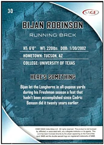 Bijan Robinson RC 2023 Sage ниска серија Сребрена 30 Rookie NM+ -MT+ NFL Football NCAA