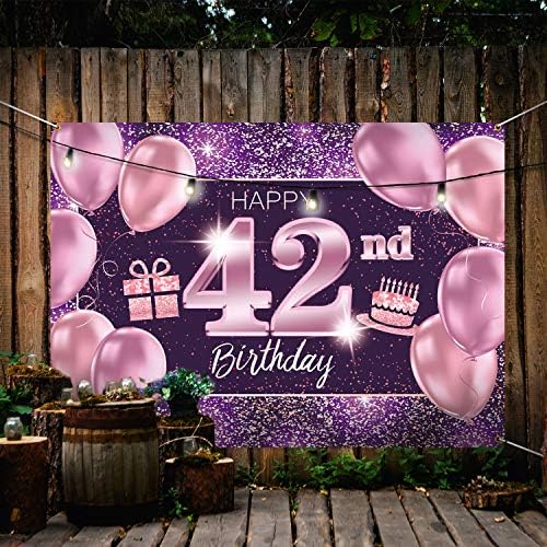 Пакбоом Среќен 42 -ти роденденски банер за позадина - 42 Декорации за роденденска забава за жени - розово виолетово злато 4 x 6ft