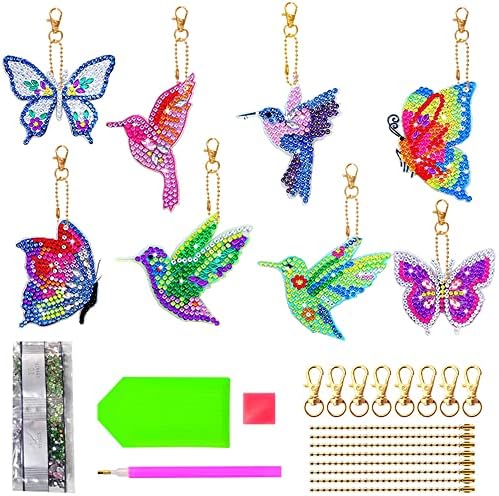 Афунта 13 компјутери DIY Diay Diamond Saftions Kits, 5D Diamond Saftings Keychains Butterfly Bird Love Diamond Art Keychains за деца и возрасни