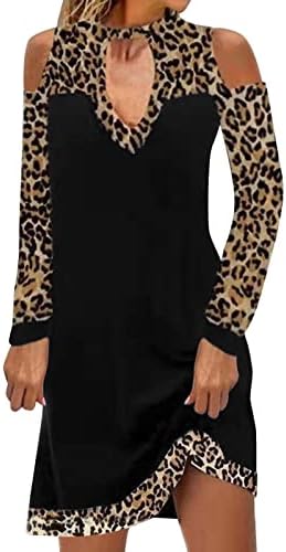Нокмопо забавен фустан за жени секси клуб случајна леопард боја панел од рамо со долг ракав директен фустан