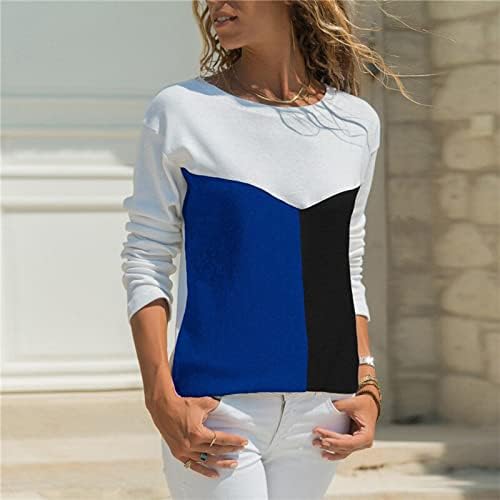 Моден блок во боја, случајна о-врата заширање на контрастните жени жени со долги ракави кошули маица блуза