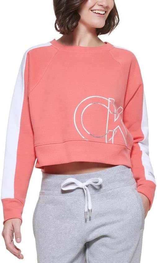 Calvin Klein Performance Women's Women's CK лого со долг ракав екипаж на вратот, руно пуловер