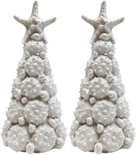 Крајбрежна елка на Шашел, изработена од бели школки и корали со starвездички, украси за таблети од смола, пакет од 2, 9 инчи