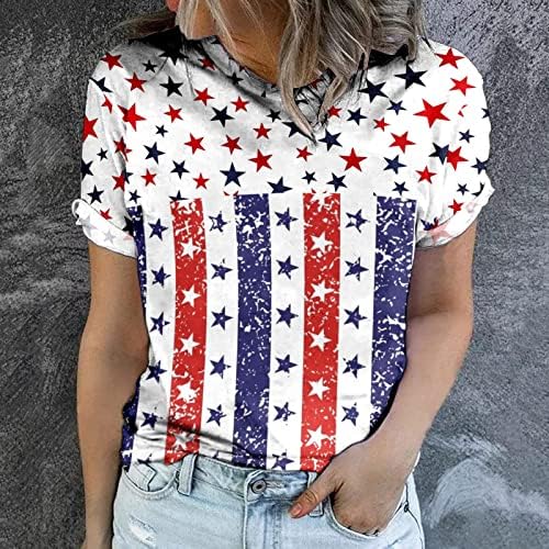 Американско знаме на 4 -ти јули кошули за жени Денот на независноста Туника на врвови со кратки ракави со тркалезен врат маичка лабава