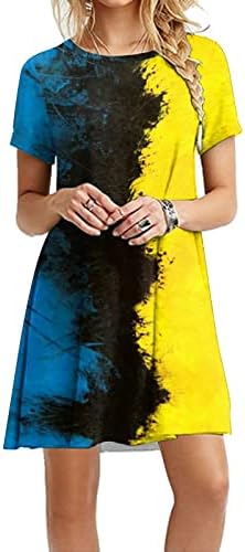 Дами летни фустани 2023 Блок во боја Краток ракав Миди фустан лабав обичен фустан за контраст во боја
