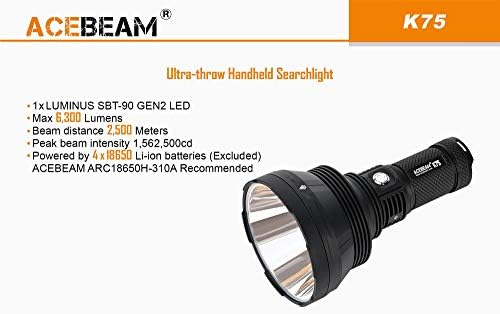 Пакет: AceBeam K75 Long Folk Search Light - 6300 лумен, фрлање 2500 метри со 4x батерии за полнење и 1A USB дигитален полнач за 4 -слот