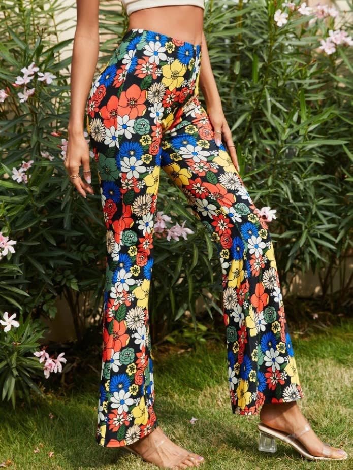 Kuqbmrsенски цветен принт на цвеќиња со високи еластични јога панталони bellвонче широки нозе одбледени панталони атлетски панталони