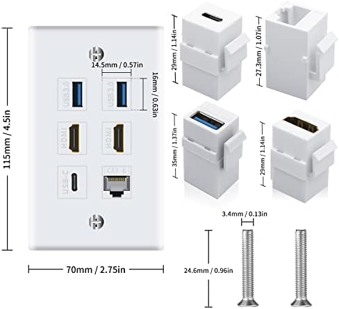 Poyiccot Излез Ѕид Плоча ЗА HDMI ethernet &засилувач; USB 3.0 &засилувач; USB C, 6Port 2x HDMI HDTV + 2x USB 3.0 +1x Cat6 RJ45 Етернет + 1X USB C Клучна Плоча За Кабел Ѕид Плоча Покритие, Бела
