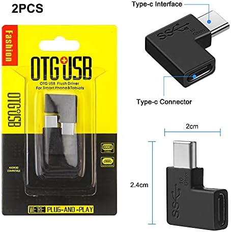 USB C Адаптер за десен агол 2 пакет, Leizhan 90 степени USB C до USB Type-C машки до женски адаптер USB 3.1/10Gbps PD 100W трансфер