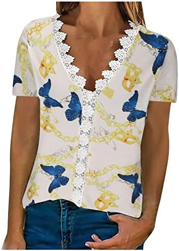 Дами маица кратки ракави длабоки v вратот чипка памучна градиентска цветна графичка блуза маичка за тинејџери y4