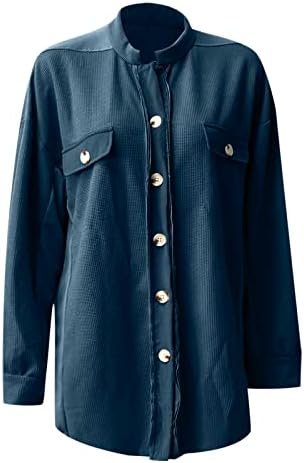 Auimank Shacket јакна жени, фланелна јакна жени обични јакна со долг ракав лажен џеб копче јакна етикета јака палто