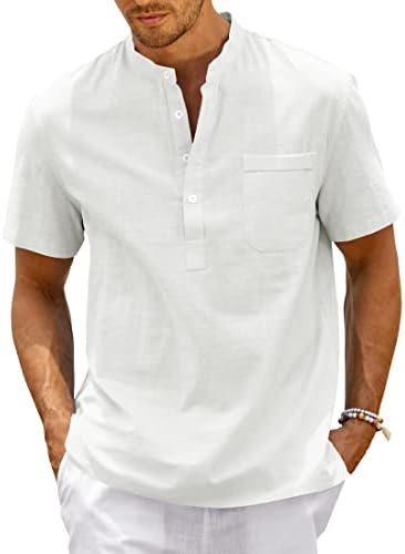 Уживајте во машка постелнина Хенли кошули лето плажа Краток ракав лабав вклопена маичка копче до лесни врвови за облека