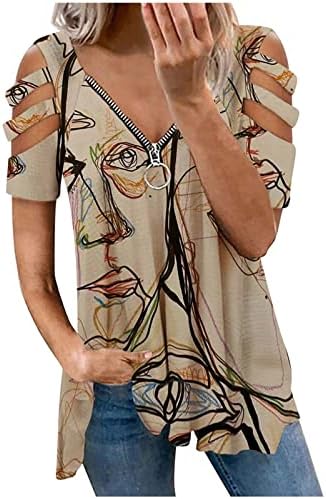 Qcemeni женски тунични врвови шупливи кратки ракави зимнувани v вратот маица летни графички кошули за печатење, случајни проточни