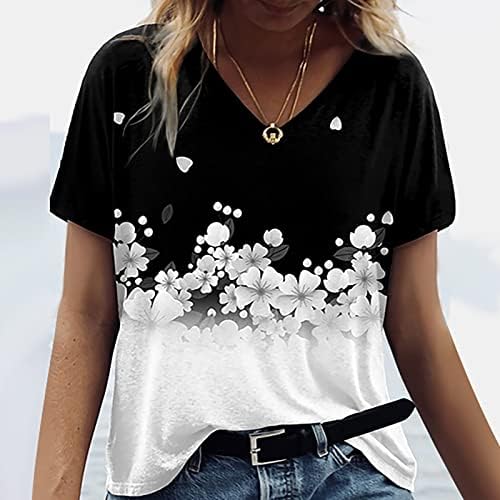 Chiltsенски врвови со кратки ракави со кратки ракави V-вратот летни модни цветни печати врвна блуза лабава обична маица со маици слатки