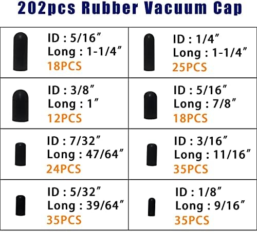 Комплет за гумени приклучоци со вакуумски капачиња - 202 ПЦС со 8 големини собрани вакуумски приклучоци Комплет за асортиман на црева за карбуратор,