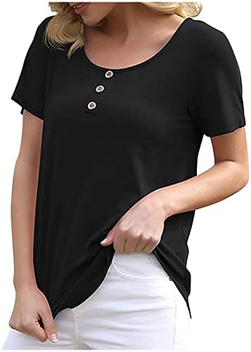 Женски 2023 летна маица копче копче екипаж вратот кратки ракави врвови елегантни цврсти блузи трендовски обични лабави кошули туника