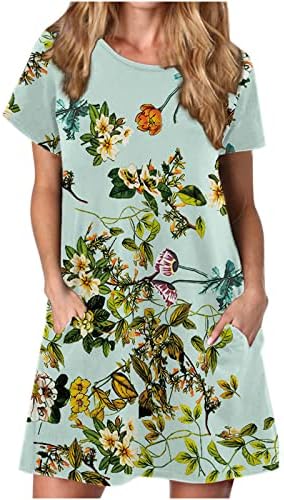 Lmdudan летен резервоар фустан за жени модни ленти со кратки ракави маици облечени обични флори мини фустани со џебови
