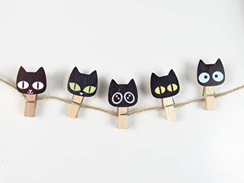 10 парчиња црна мачка мини фотографија дрвени клипови и 1,64 јарди канап, за разгледници DIY, photoид на фотографии