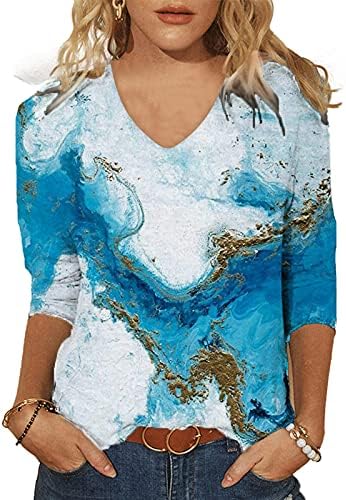 Жени цветни кошули мода 3/4 ракави Туника врвови плус големина V-врат лабава обична цветна маичка со блузи пулвер пулвер