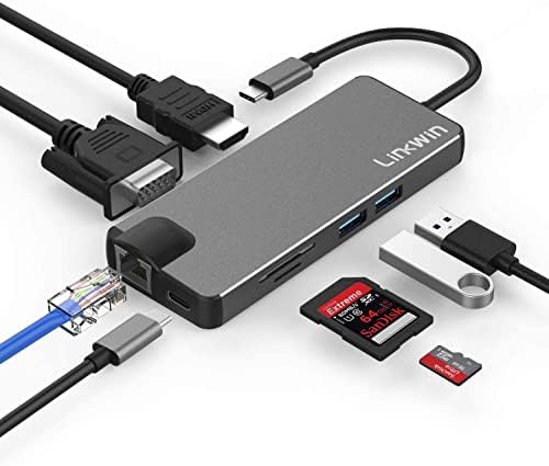 USB C Hub, Linkwin 8 ВО 1 USB C Адаптер Со Gigabit Ethernet Порта, Pd Тип C Порта За Полнење, 4K HDMI, VGA, Sd Tf Читач На Картички, 2 USB