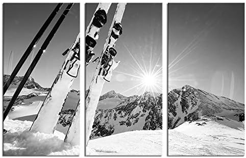 Нахичен wallид голем 3 парчиња платно wallидна уметност црно -бела снежна планина и скии на зајдисонце слики платно отпечатоци Зимски