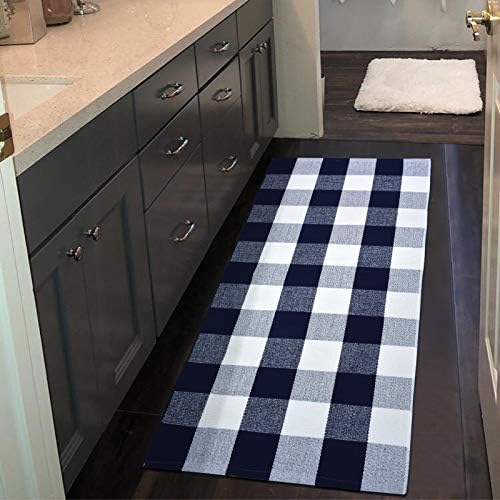 Ustide морнарица сина и бела бивол Проверете килим 23,6 x51 раката за перење ткаени карирани килими, слоевит на отворено килим
