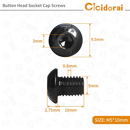 Завртки за капаци на капакот на капакот на копчето Cicidorai M5-0.8 x 12mm, завртки за капакот на капакот, 10,9 одделение, црниот