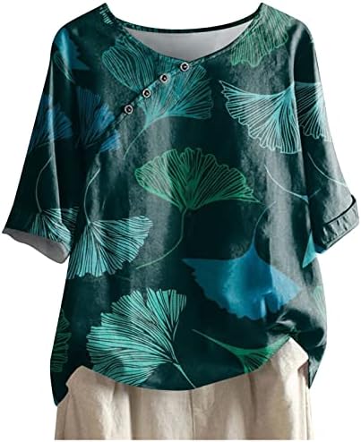 Маица со блуза за женски кратки 1/2 ракав екипаж вратот на вратот, памук, графички печати цветни лабави фити блуза