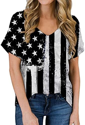 Женски Летен Моден Тренд Потресени Елементи Американско Знаме Банер Графички Печатење Маица Врвот